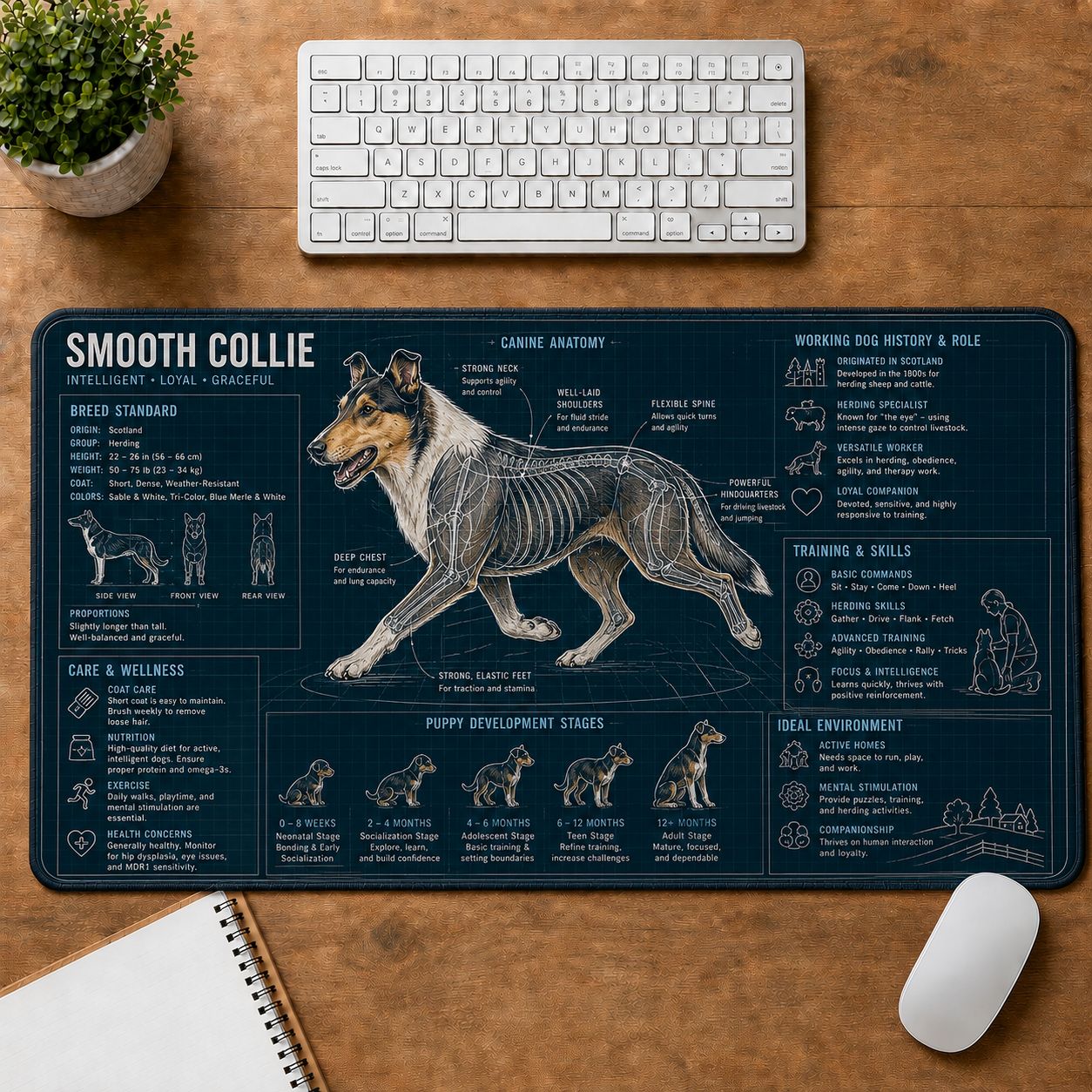 Smooth Collie Dog Breed Visual Guide Desk Mat | 5To9Vibe