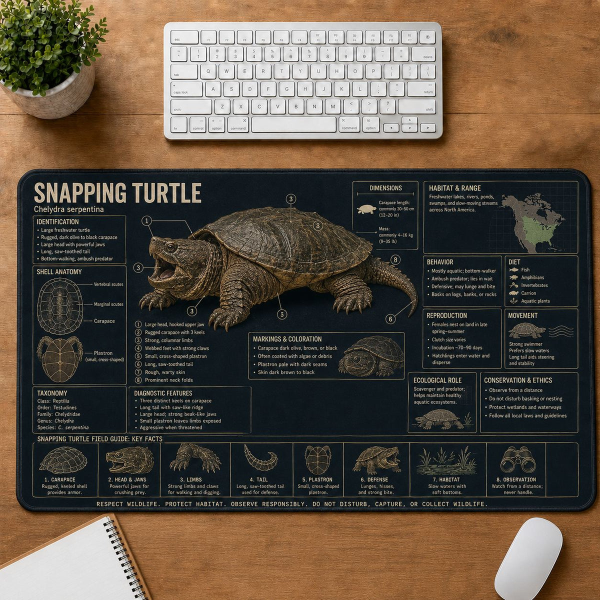Snapping Turtle Turtle and Tortoise Species Guide Desk Mat | 5To9Vibe