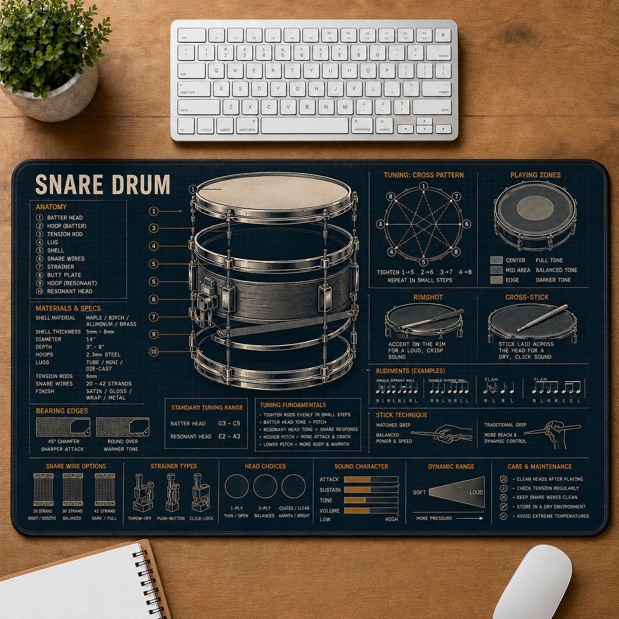 Snare Drum Musical Instrument Blueprint Guide Desk Mat | 5To9Vibe