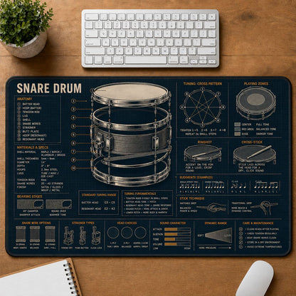 Snare Drum Musical Instrument Blueprint Guide Desk Mat | 5To9Vibe