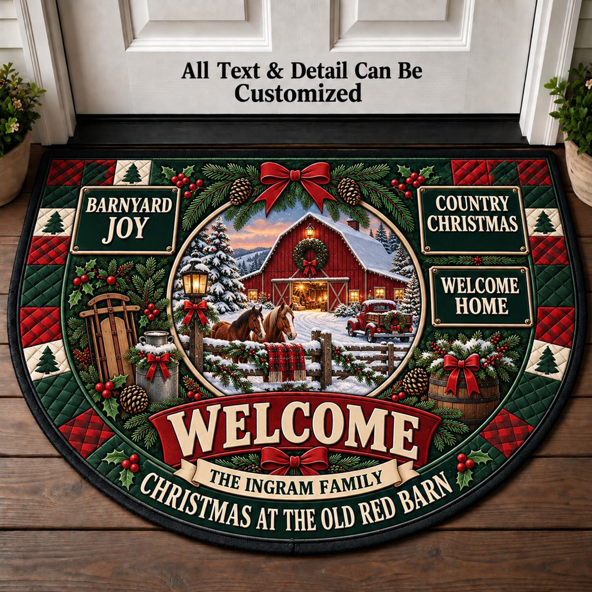 Snow Covered Red Barn Personalized Half Round Mat | 5To9Vibe