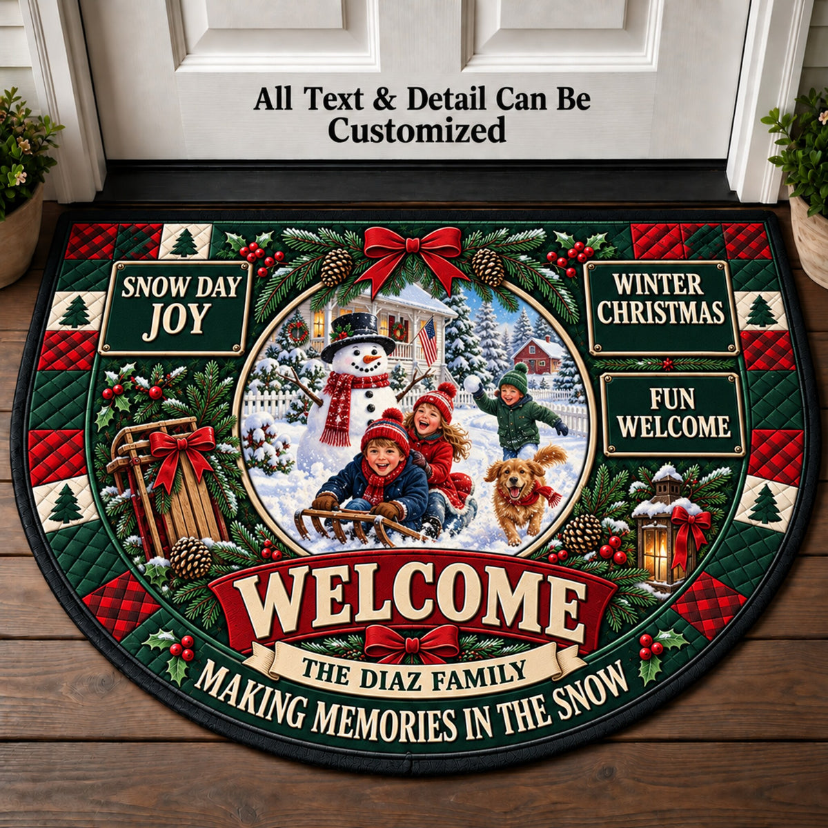 Snow Day Christmas Personalized Half Round Mat | 5To9Vibe