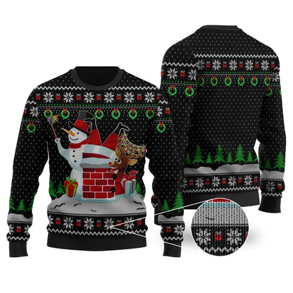 Snowman Take Selfie Santa Stuck Black Ugly Christmas Sweater - Funny Ugly Christmas Sweater
