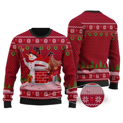 Snowman Take Selfie Santa Stuck Cardinal Red Ugly Christmas Sweater - Funny Ugly Christmas Sweater