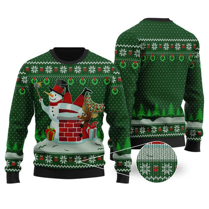 Snowman Take Selfie Santa Stuck Forest Green Ugly Christmas Sweater - Funny Ugly Christmas Sweater