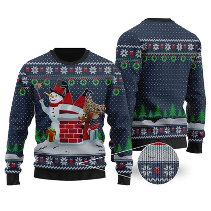 Snowman Take Selfie Santa Stuck Navy Ugly Christmas Sweater - Funny Ugly Christmas Sweater