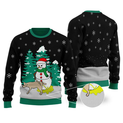 Snowman With Naughty Dog Ugly Christmas Sweater Black