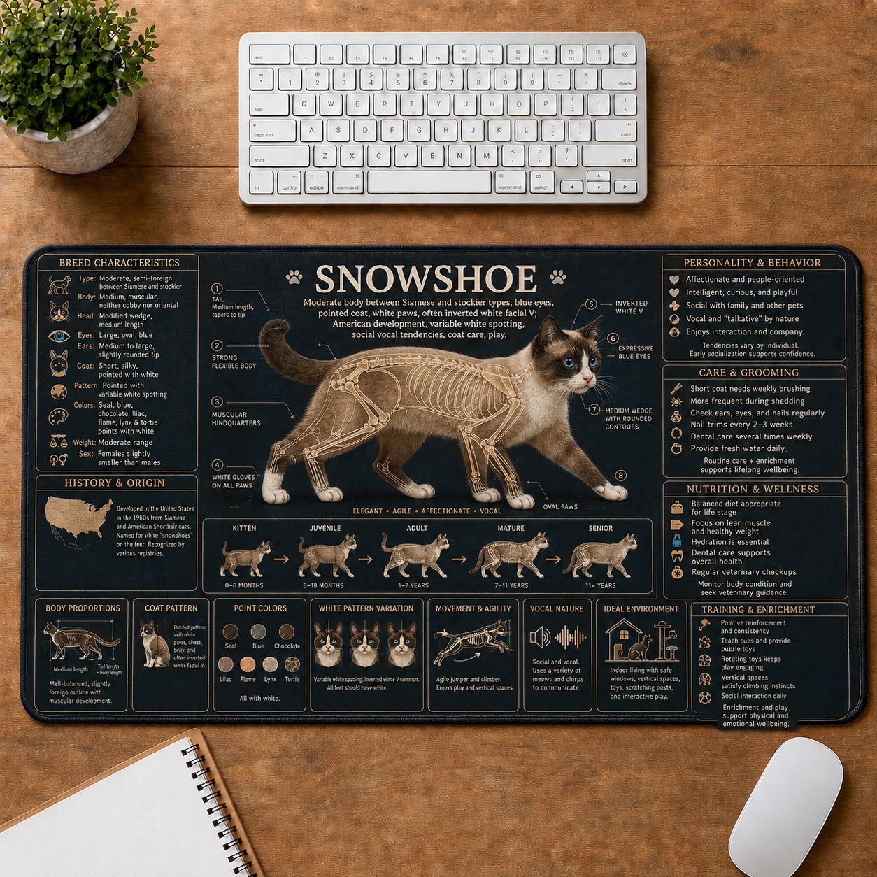 Snowshoe Cat Breed Desk Mat Anatomy Guide | 5To9Vibe