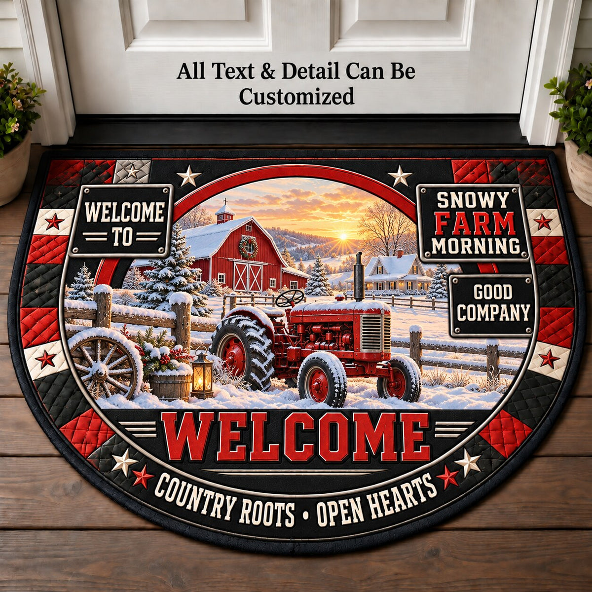 Snowy Farm Morning Personalized Half Round Mat | 5To9Vibe