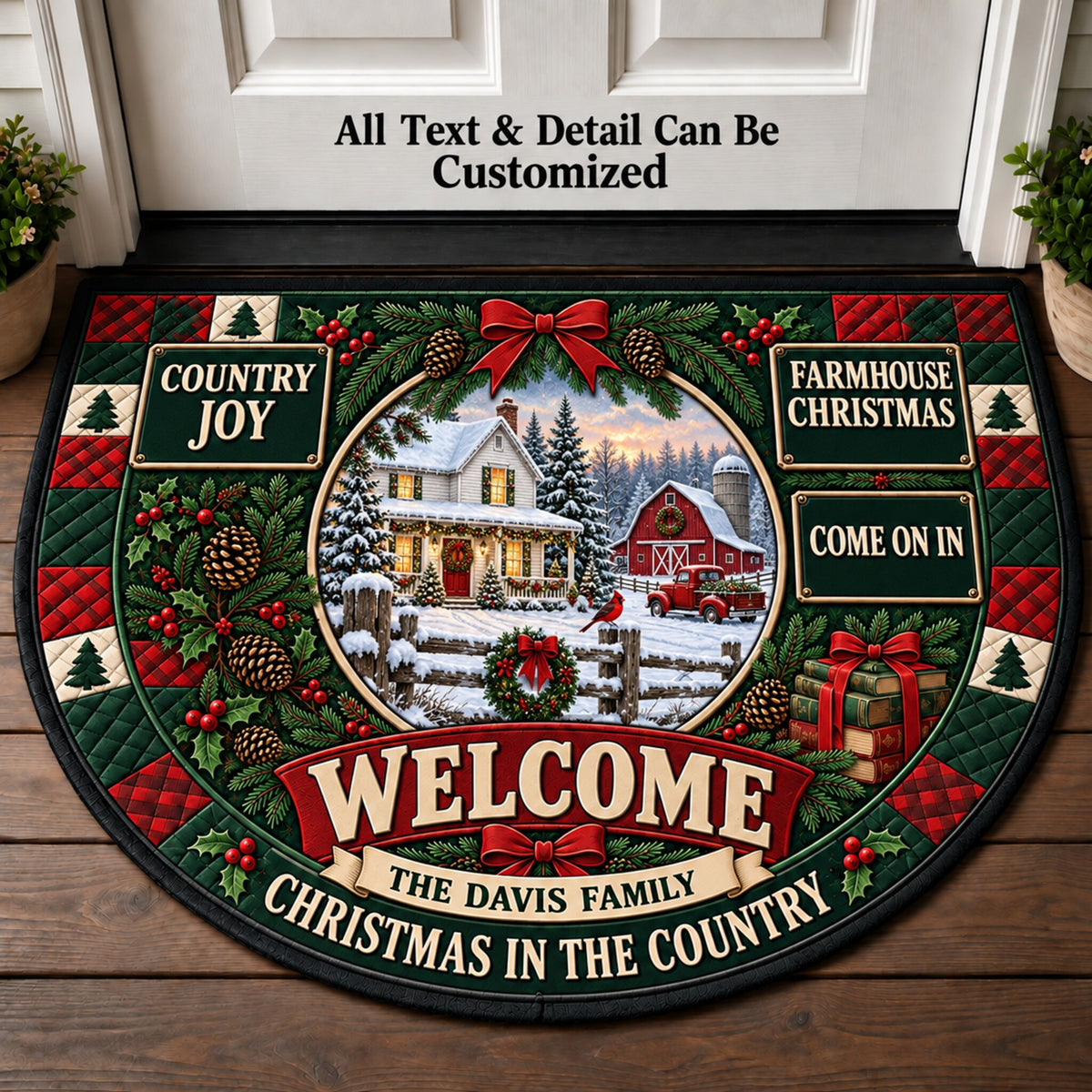 Snowy Farmhouse Christmas Personalized Half Round Mat | 5To9Vibe