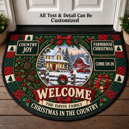 Snowy Farmhouse Christmas Personalized Half Round Mat | 5To9Vibe