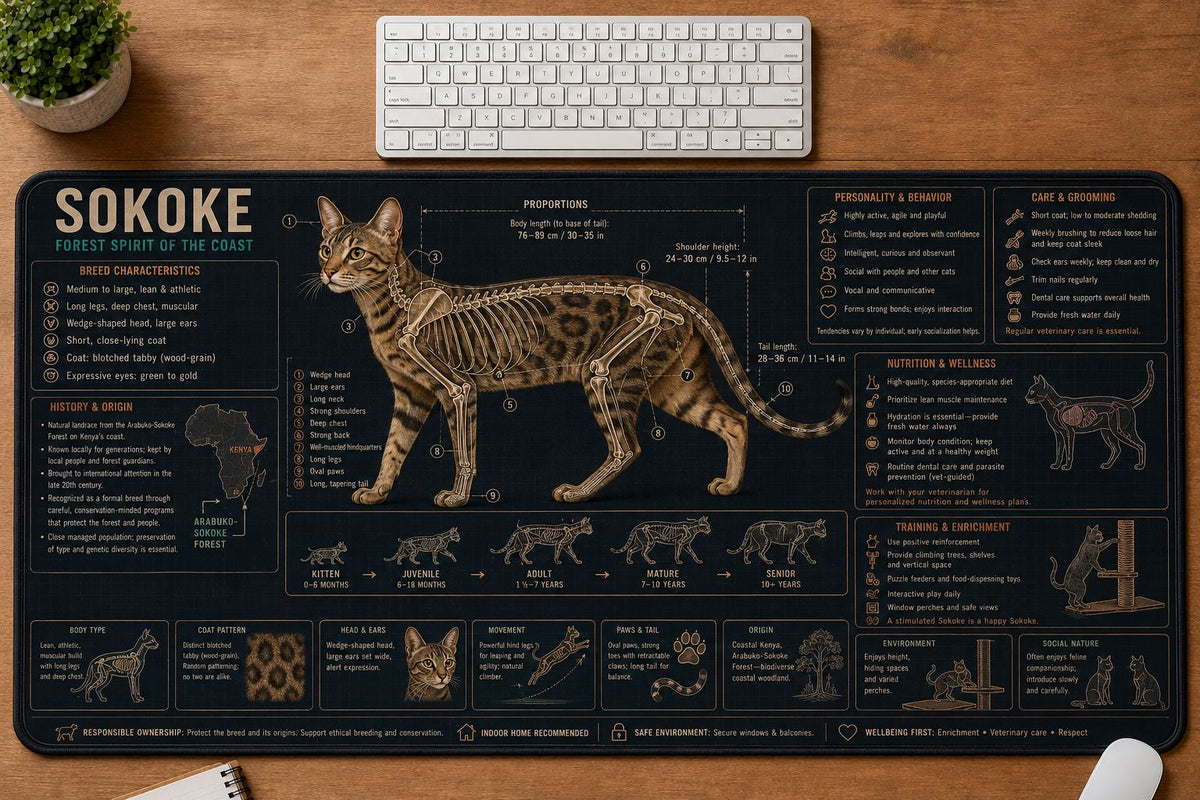 Sokoke Cat Breed Desk Mat Anatomy Guide | 5To9Vibe