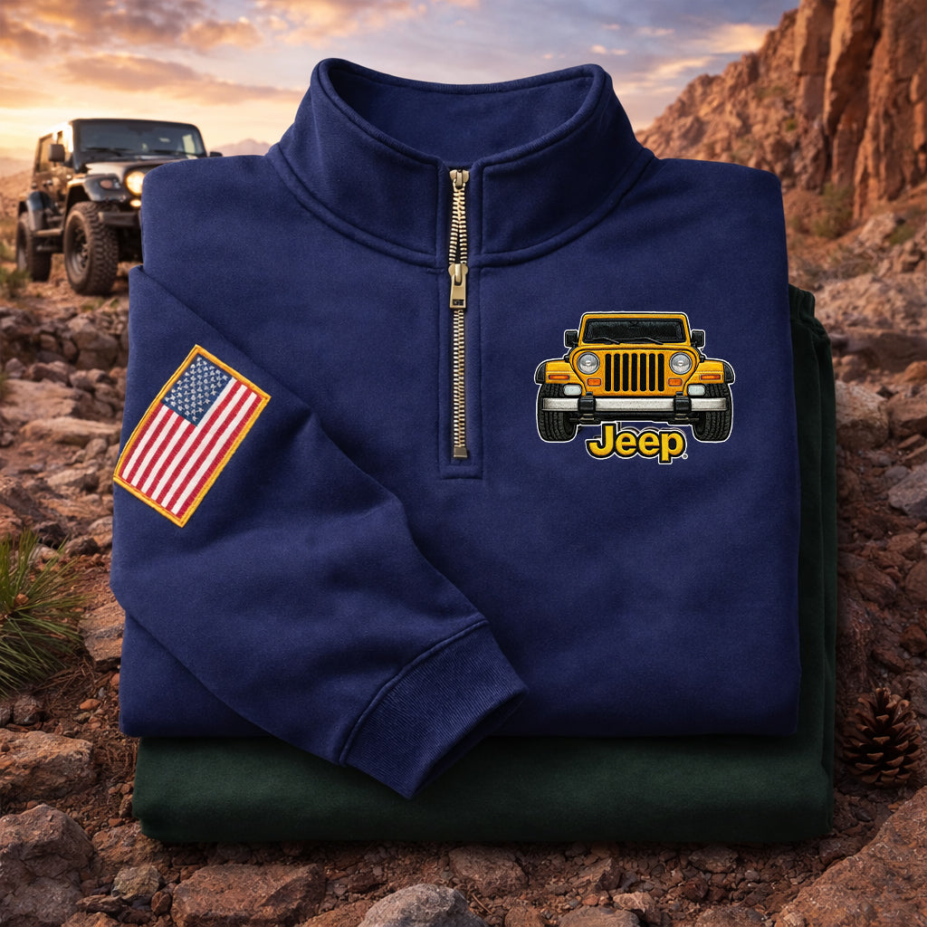 Sudadera prémium unisex Jeep bordada con cremallera de cuarto, suéter con cremallera de cuarto inspirado