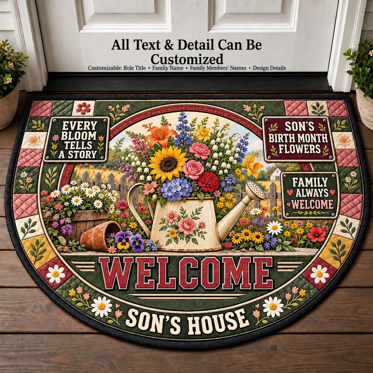 Son's Birth Month Flowers Personalized Half Round Mat | 5To9Vibe