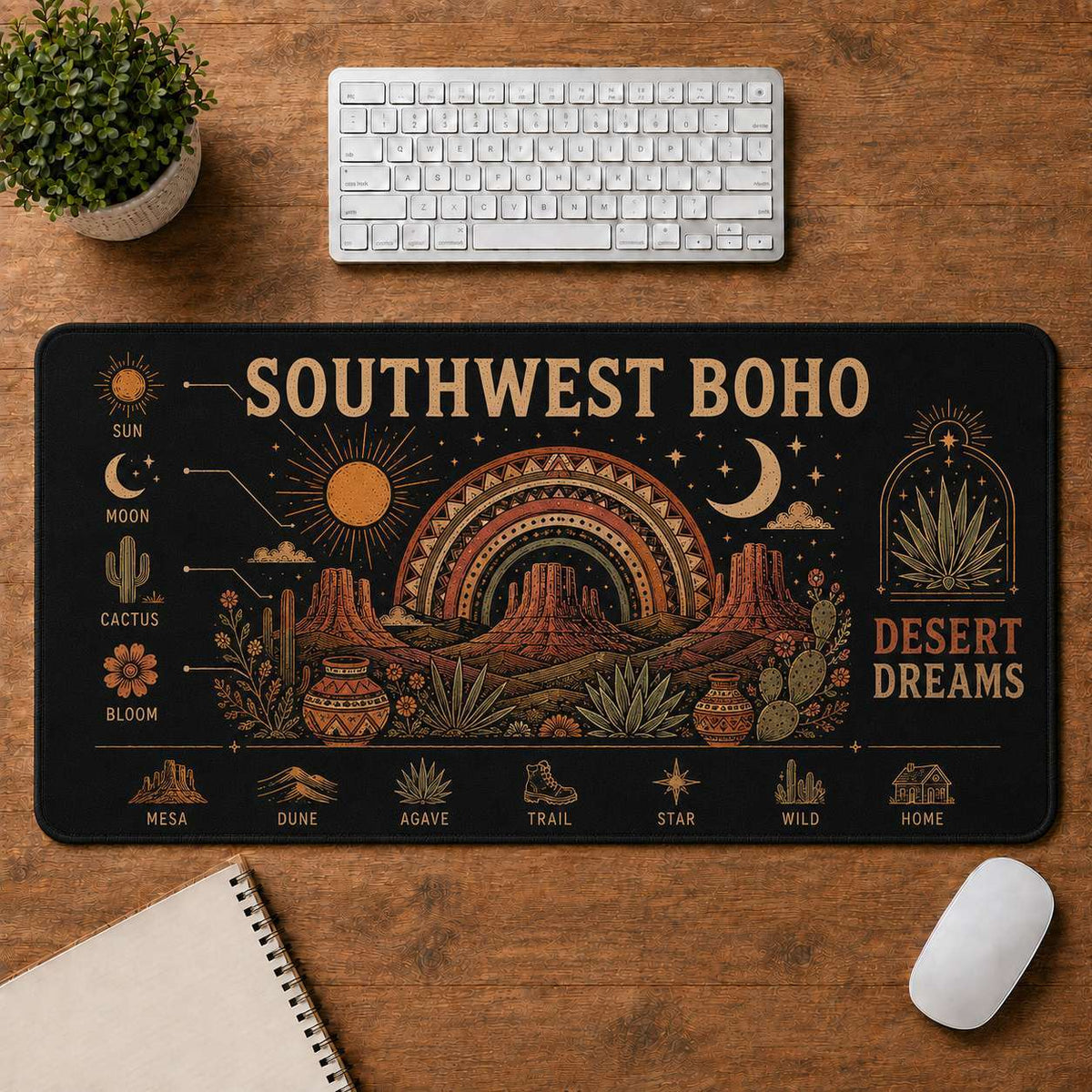 Cactus Garden Hippie Desk Mat Mouse Pad | 5To9Vibe - Southwest Boho style