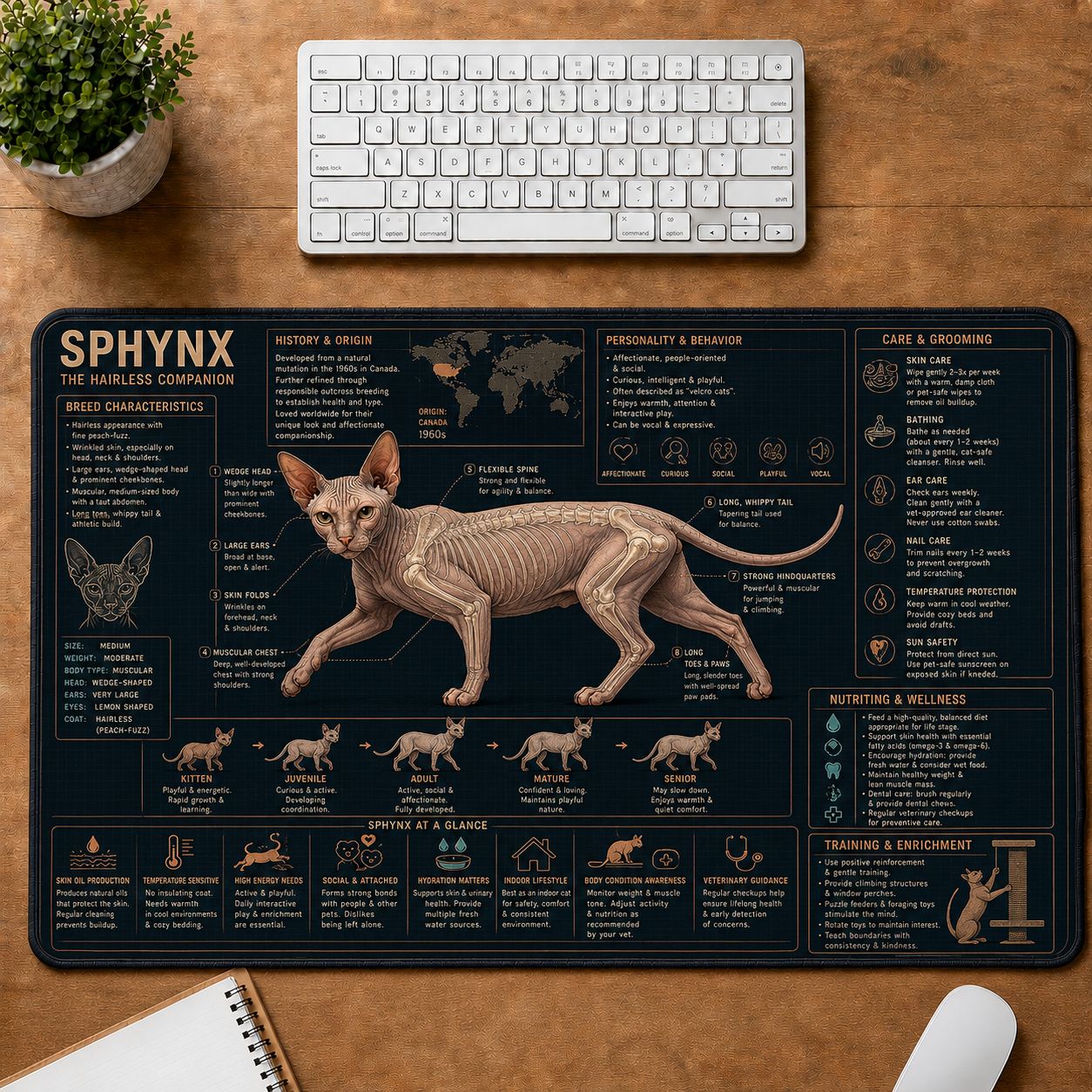 Sphynx Cat Breed Desk Mat Anatomy Guide | 5To9Vibe