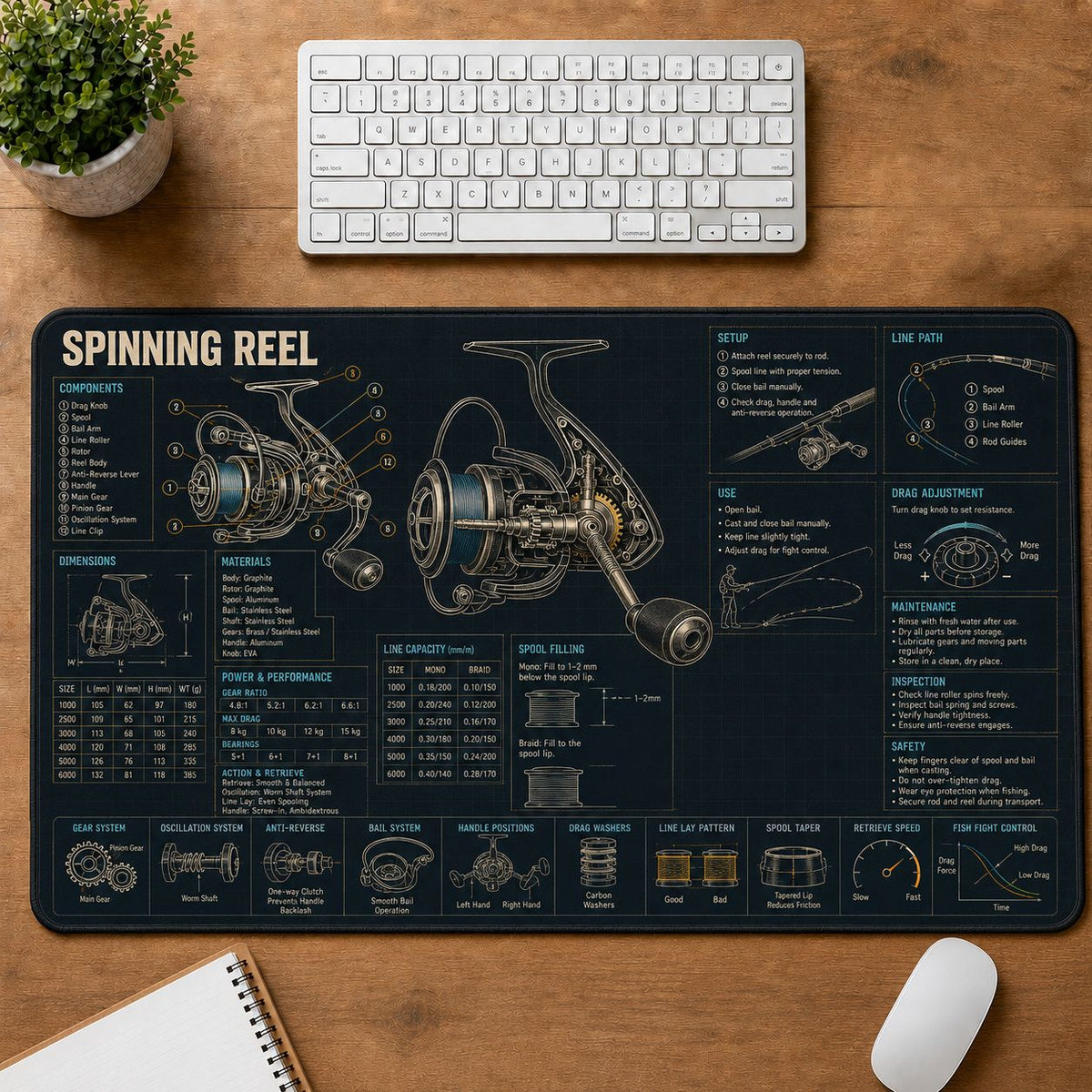 Spinning Reel Fishing Field Guide Desk Mat | 5To9Vibe