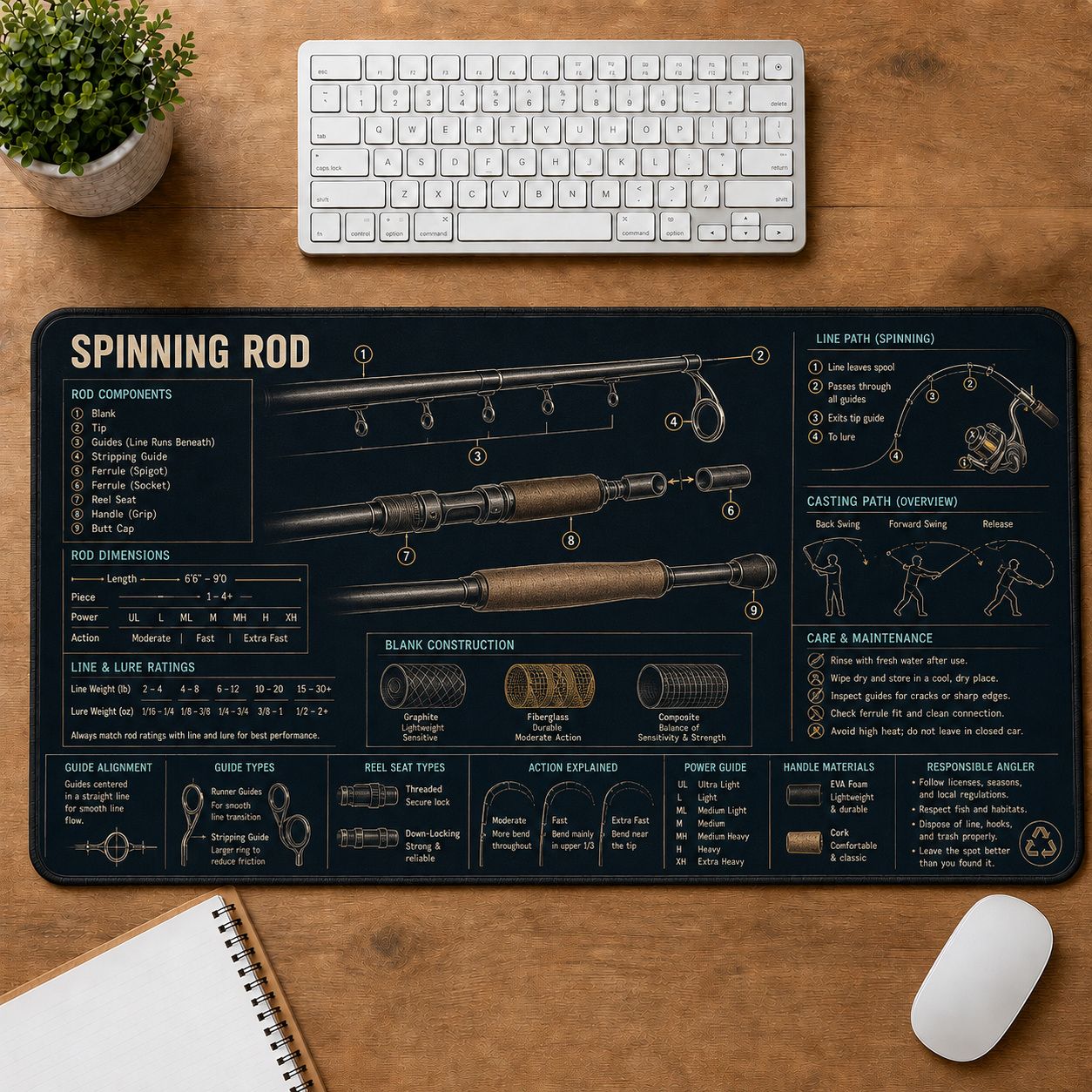 Spinning Rod Fishing Field Guide Desk Mat | 5To9Vibe