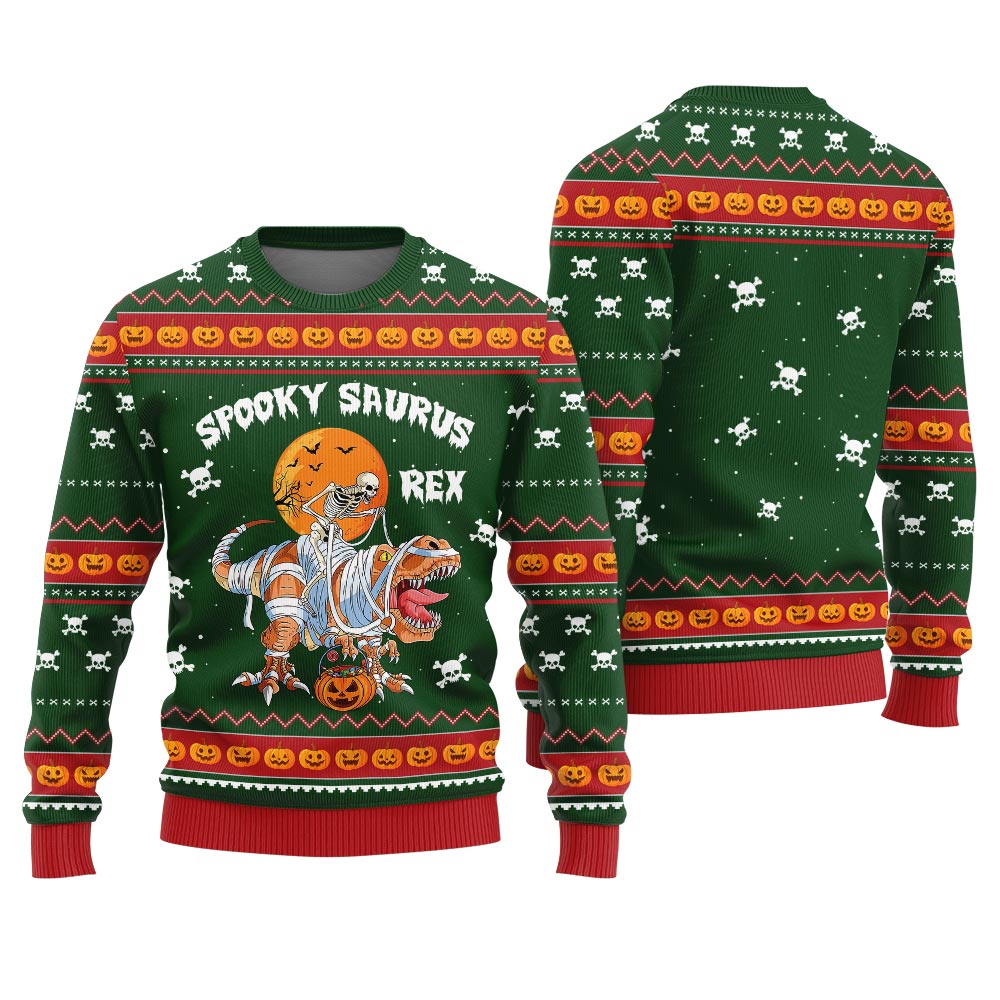 Spooky Saurus Rex Halloween Sweater Forest Green