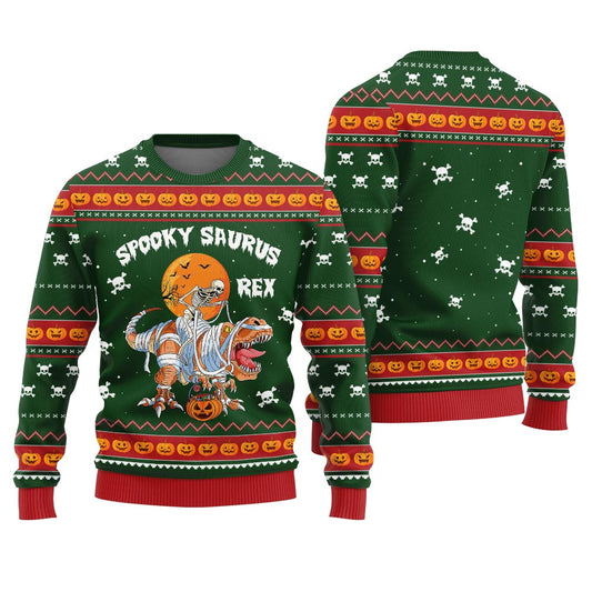 Spooky Saurus Rex Halloween Sweater Forest Green