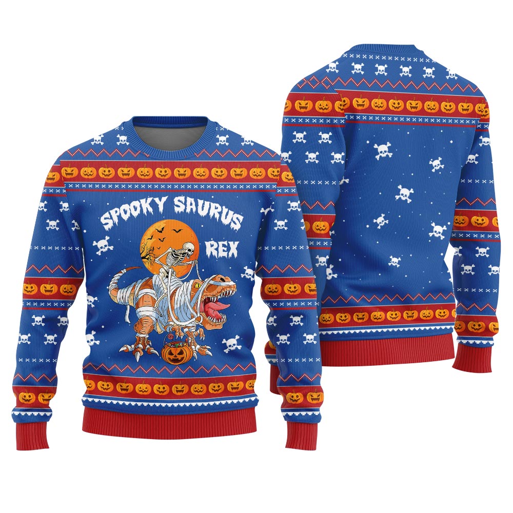 Spooky Saurus Rex Halloween Ugly Sweater Royal