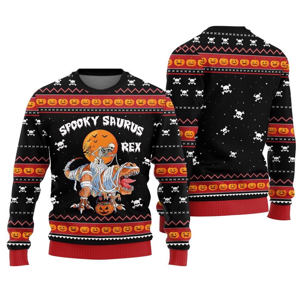 Spooky Saurus Rex Ugly Halloween Sweater Black