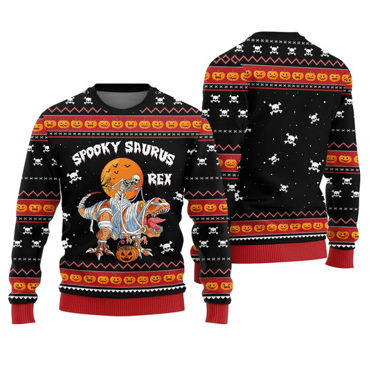 Spooky Saurus Rex Ugly Halloween Sweater Black