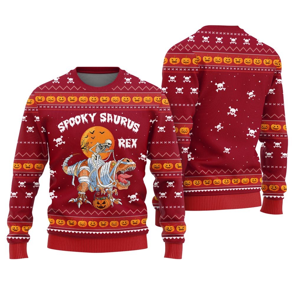Spooky Saurus Rex Ugly Sweater Halloween Red