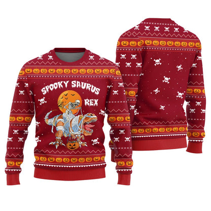 Spooky Saurus Rex Ugly Sweater Halloween Red