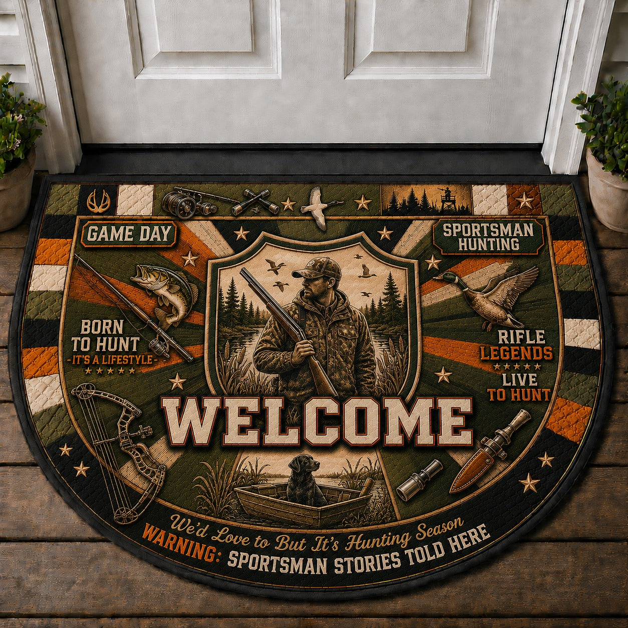 Sportsman Hunting Outdoor Adventures Quilted Print Premium Welcome Mat – Personalized Doormat
