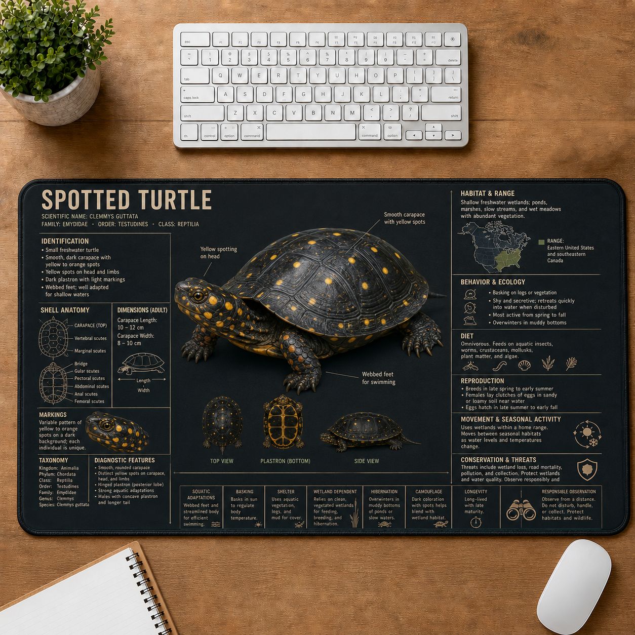 Spotted Turtle Turtle and Tortoise Species Guide Desk Mat | 5To9Vibe