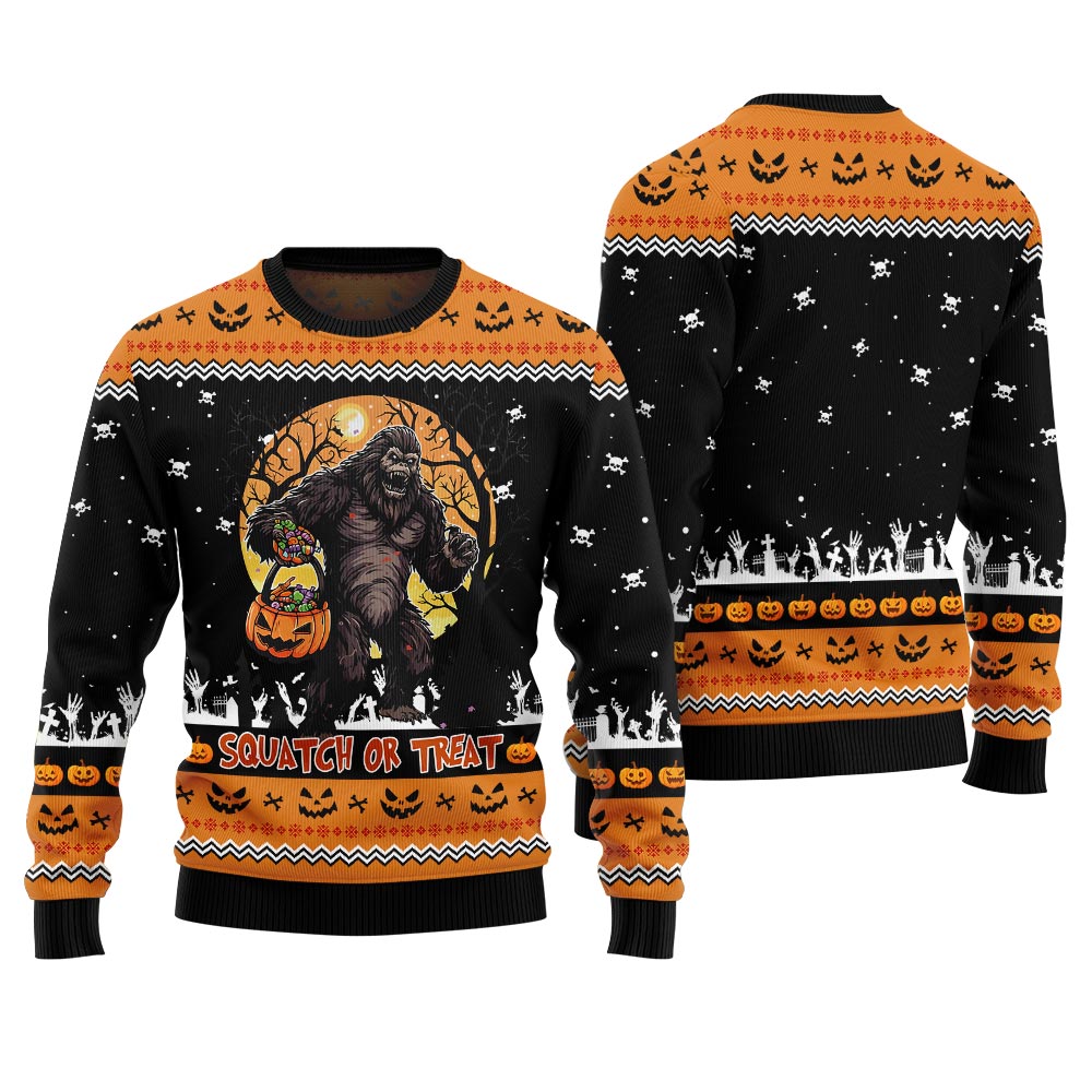 Squatch Or Treat Bigfoot Halloween Sweater Black