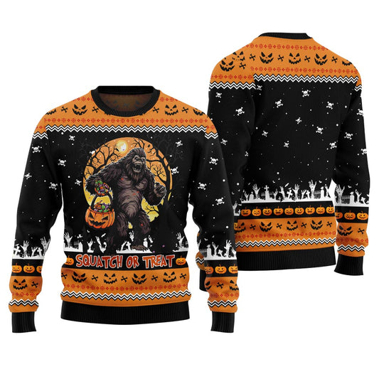 Squatch Or Treat Bigfoot Halloween Sweater Black