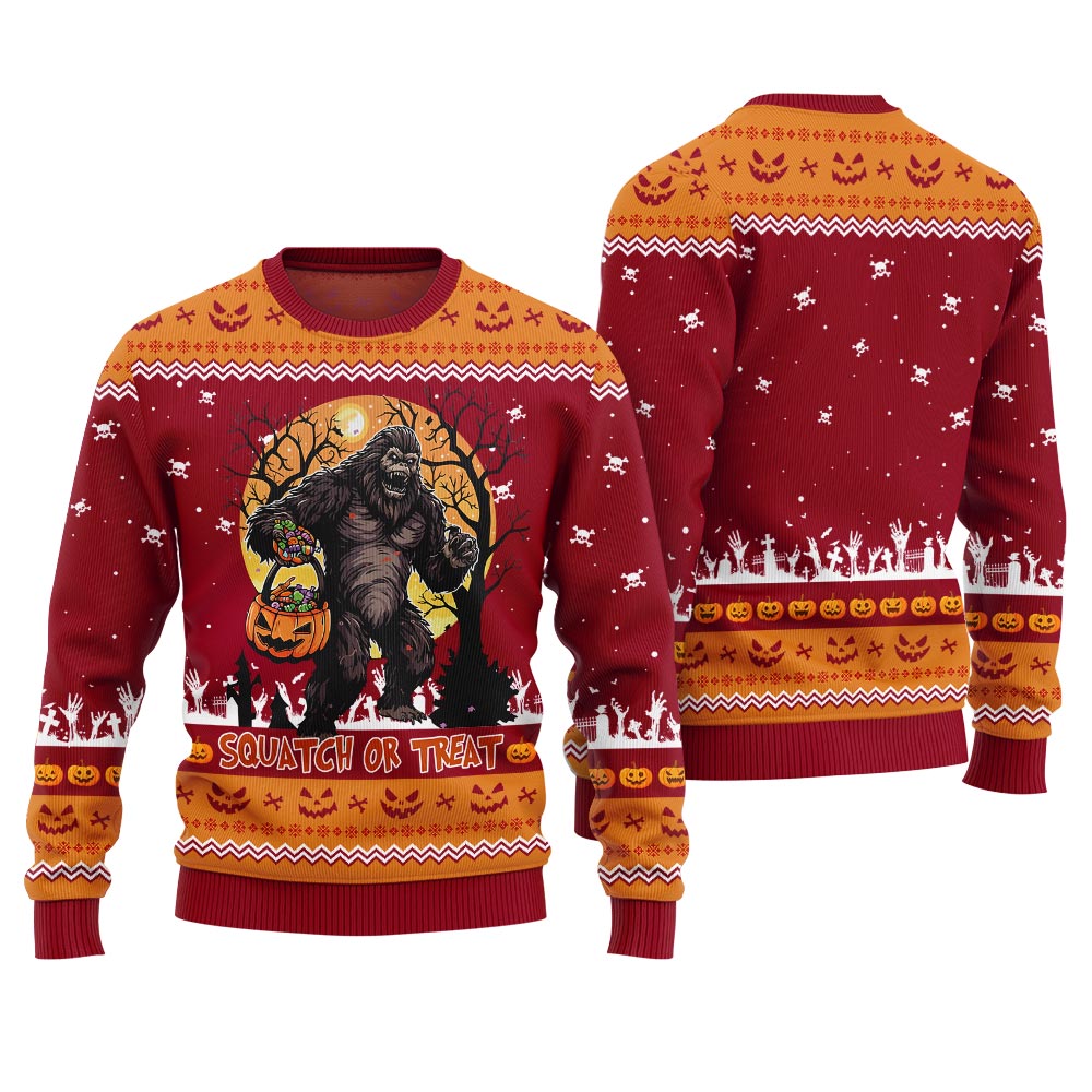 Squatch Or Treat Bigfoot Halloween Ugly Sweater Red