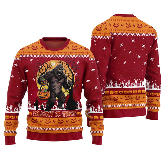 Squatch Or Treat Bigfoot Halloween Ugly Sweater Red