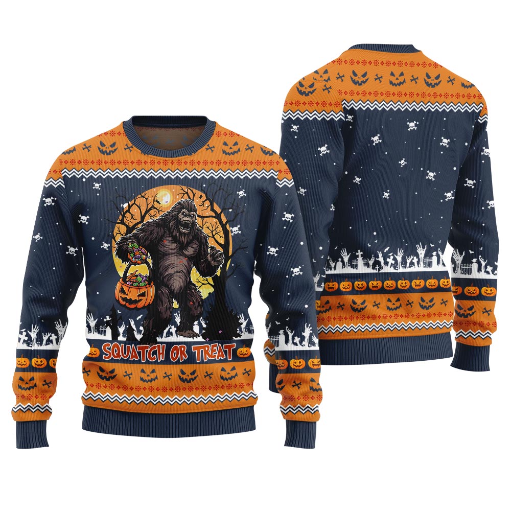 Squatch Or Treat Bigfoot Ugly Halloween Sweater Navy