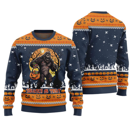 Squatch Or Treat Bigfoot Ugly Halloween Sweater Navy