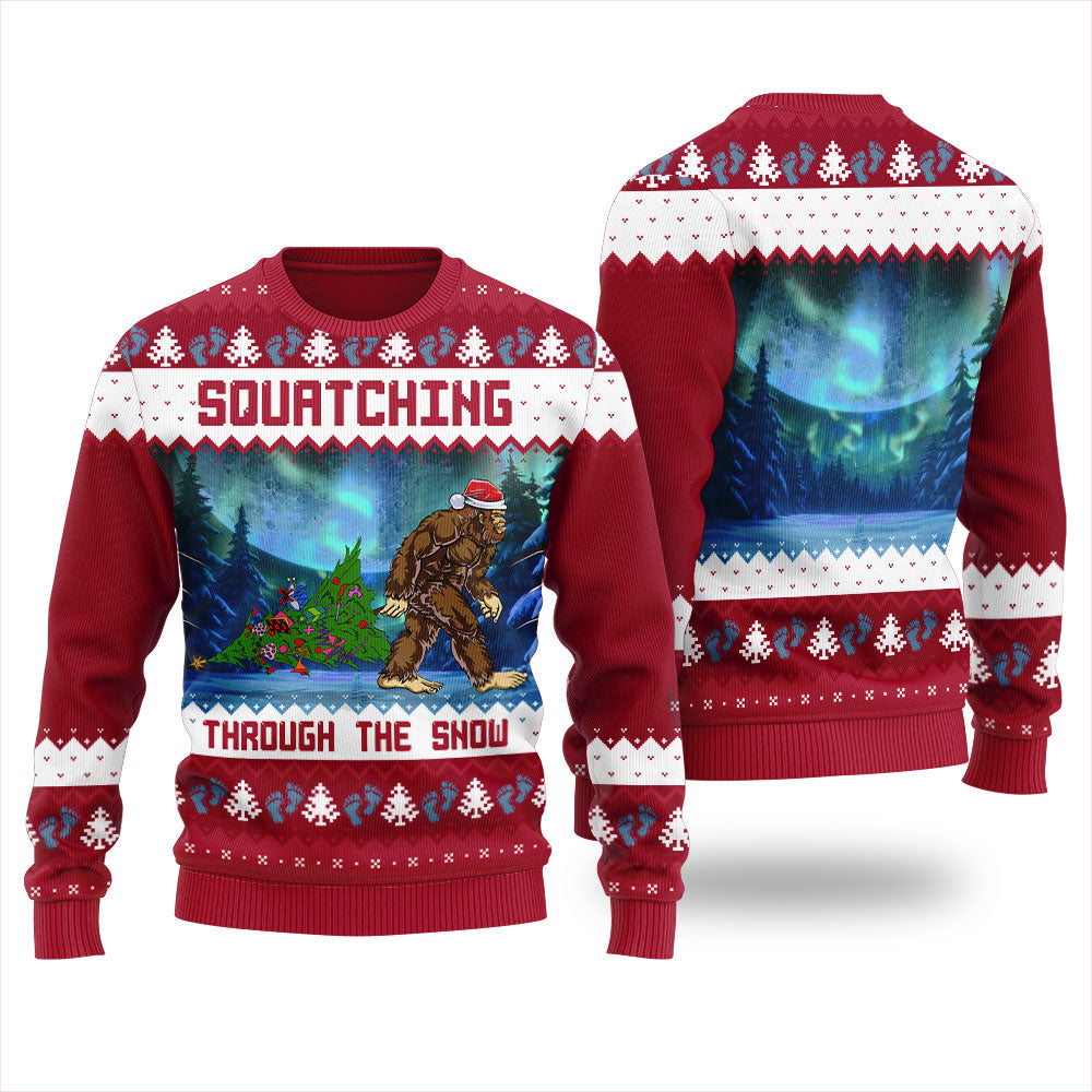 Squatching Through The Snow Bigfoot Christmas Sweater For Women