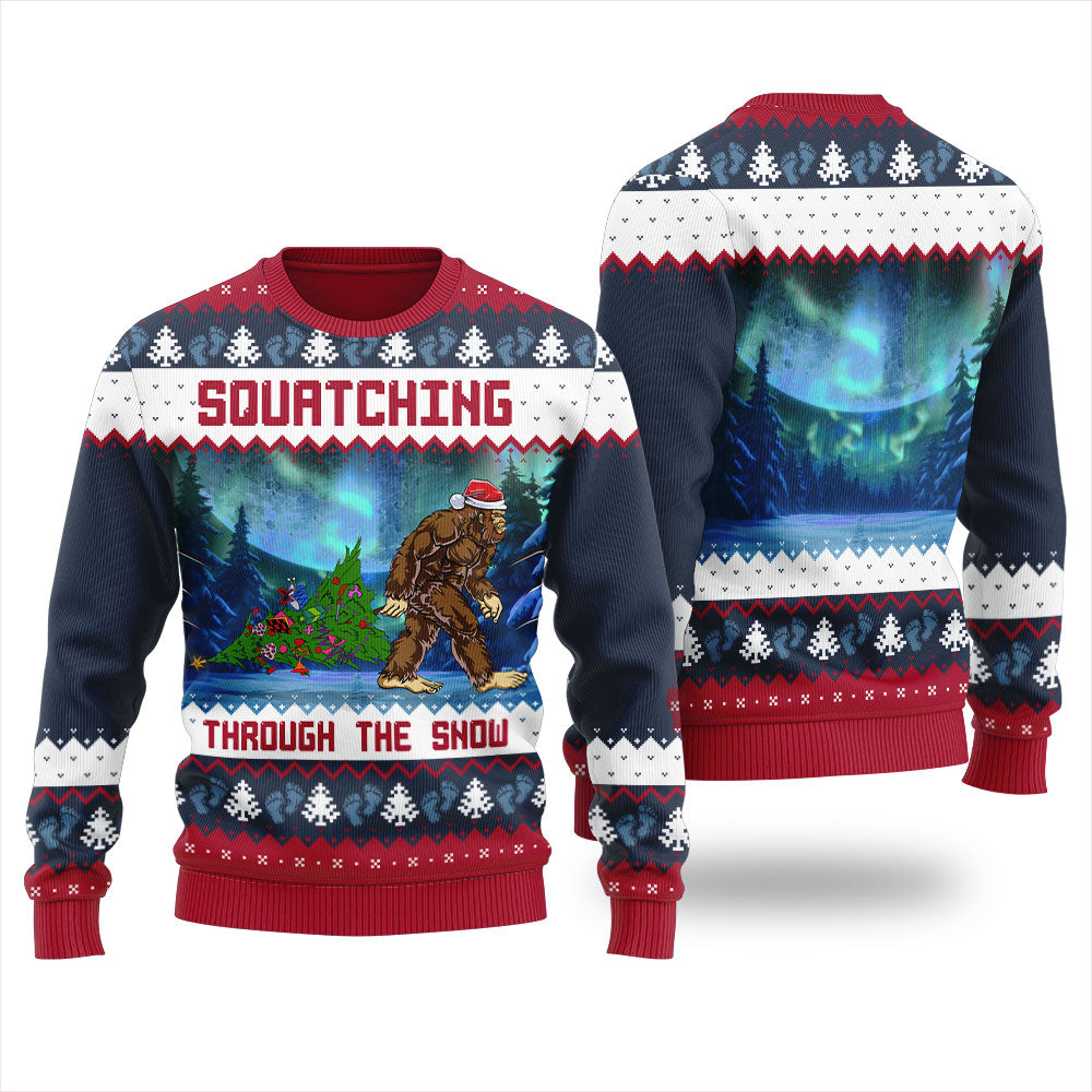 Squatching Through The Snow Bigfoot Christmas Sweater For Women