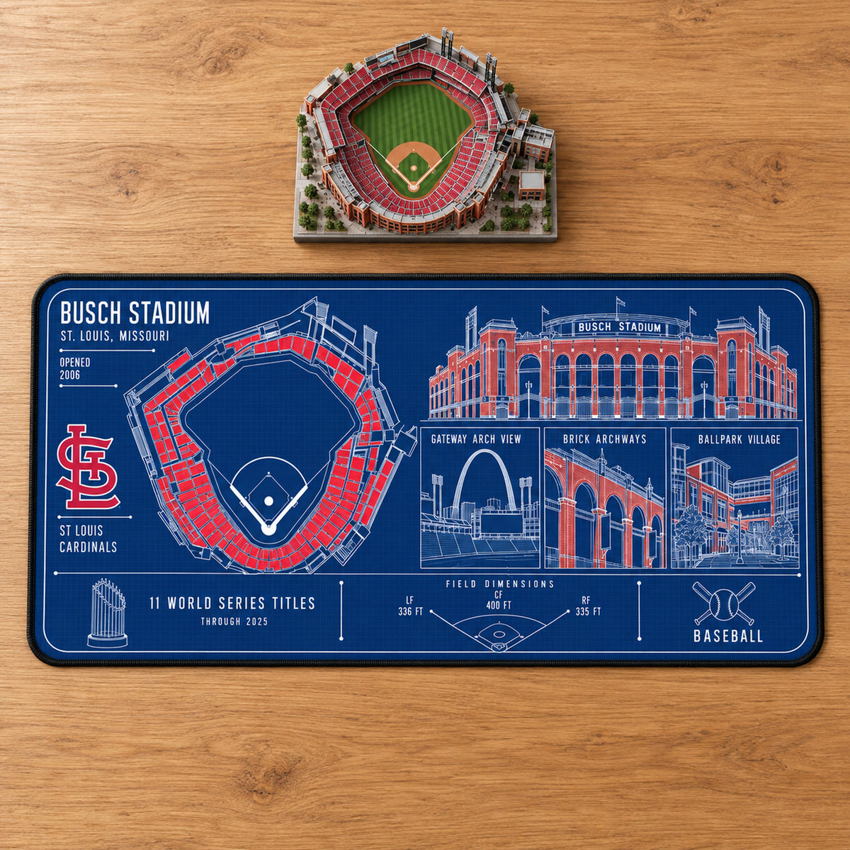 St. Louis Cardinals Busch Stadium blueprint desk mat, 16" x 32", on a wooden desk with a decorative stadium model