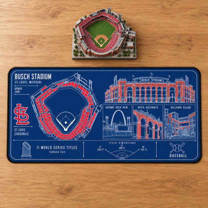 St. Louis Cardinals Busch Stadium blueprint desk mat, 16" x 32", on a wooden desk with a decorative stadium model