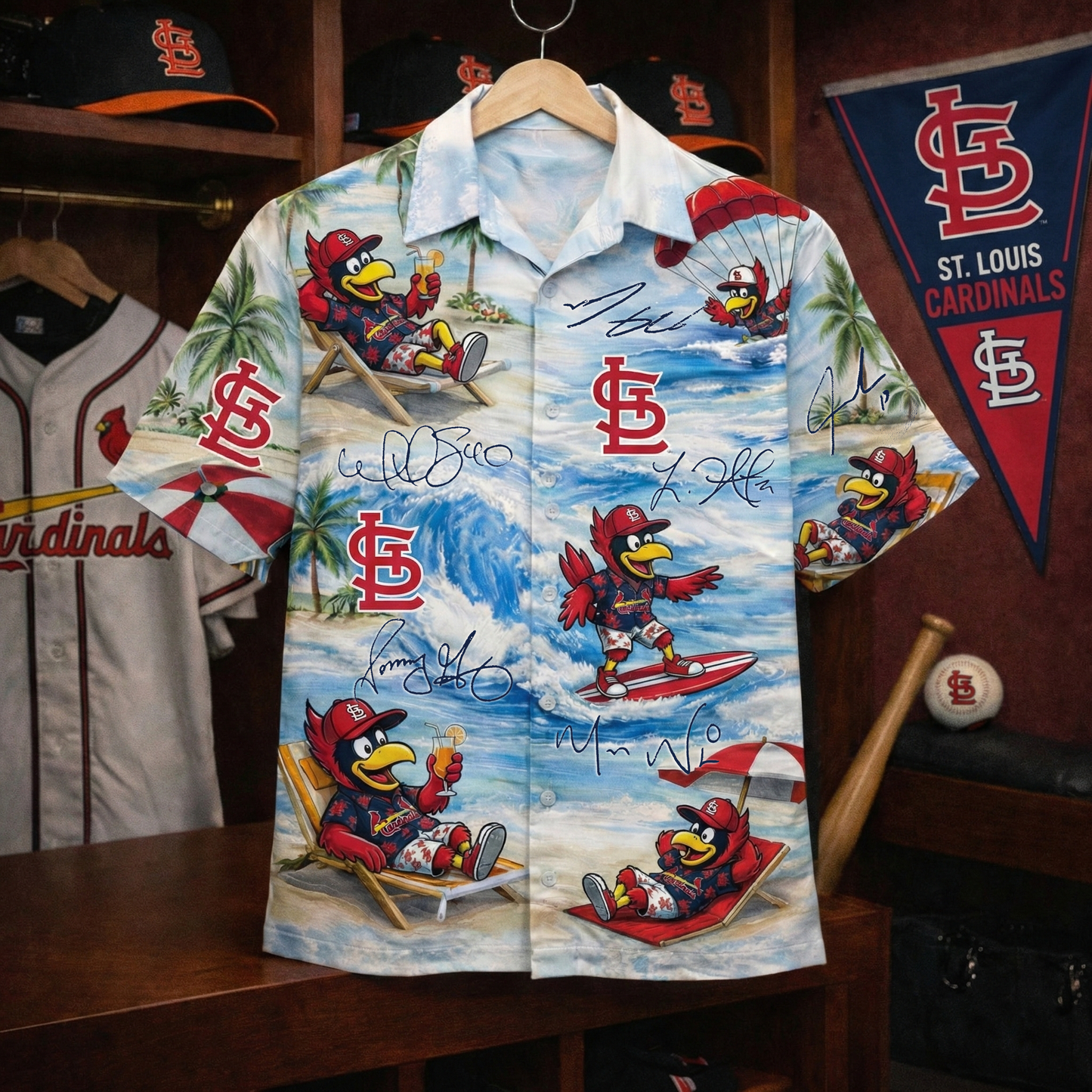 SLC Baseball Mascot Beach Viber With Player Signature  Button-Up Unisex Hawaiian Shirt For Men & Women