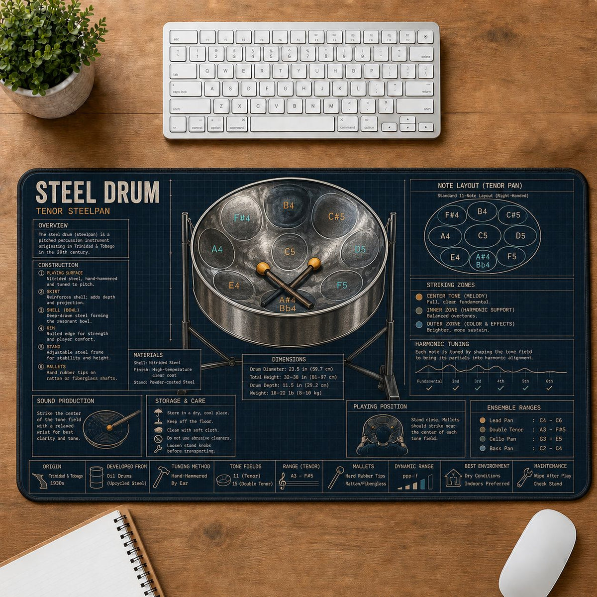 Steel Drum Musical Instrument Blueprint Guide Desk Mat | 5To9Vibe