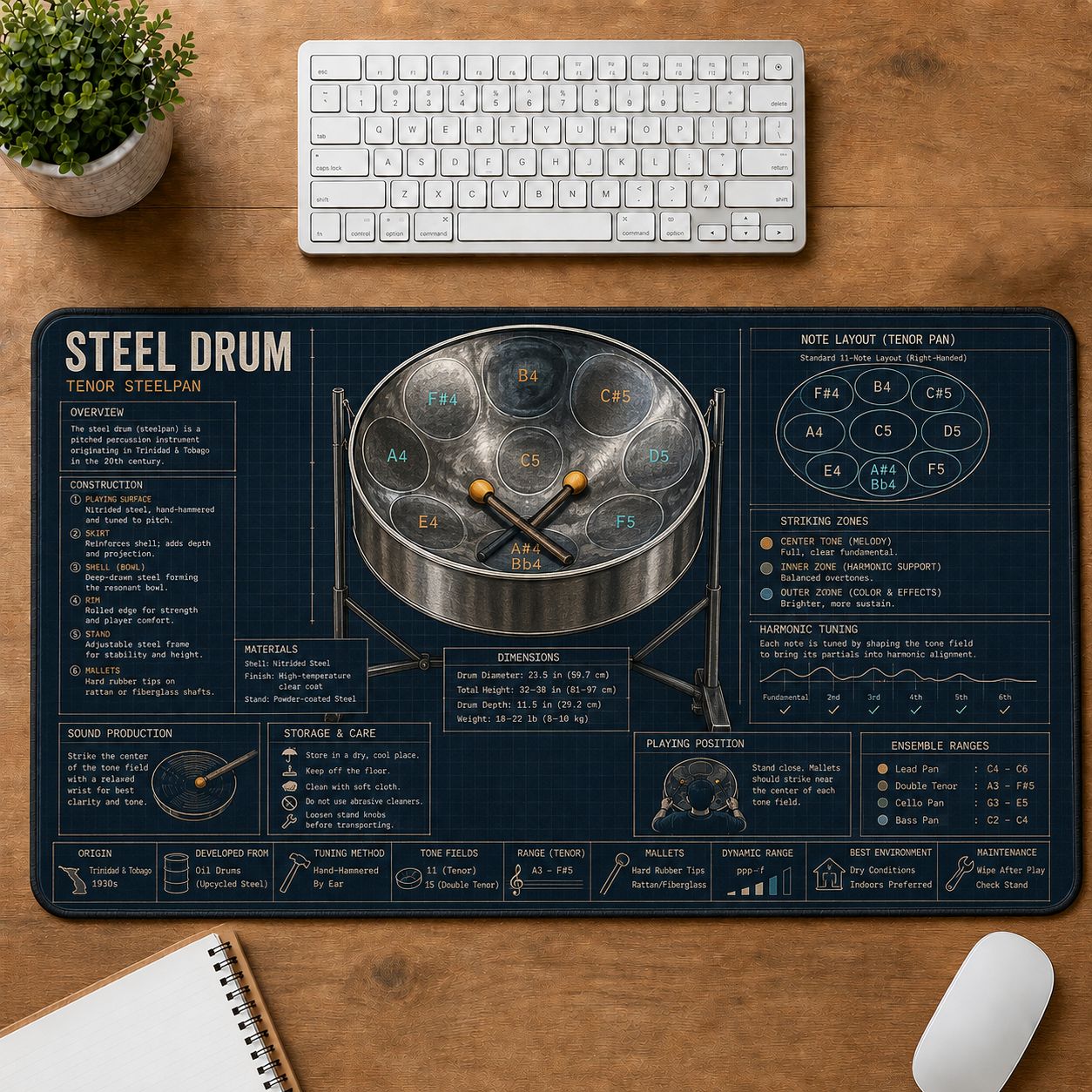 Steel Drum Musical Instrument Blueprint Guide Desk Mat | 5To9Vibe