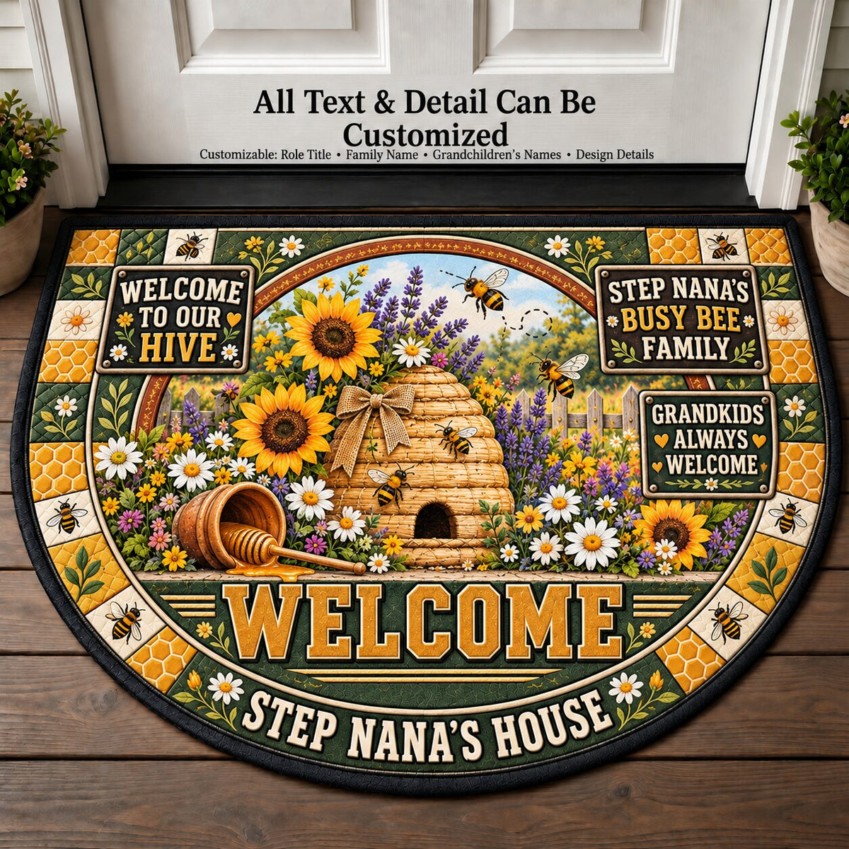 Step Nana's Busy Bee Family Personalized Half Round Mat | 5To9Vibe