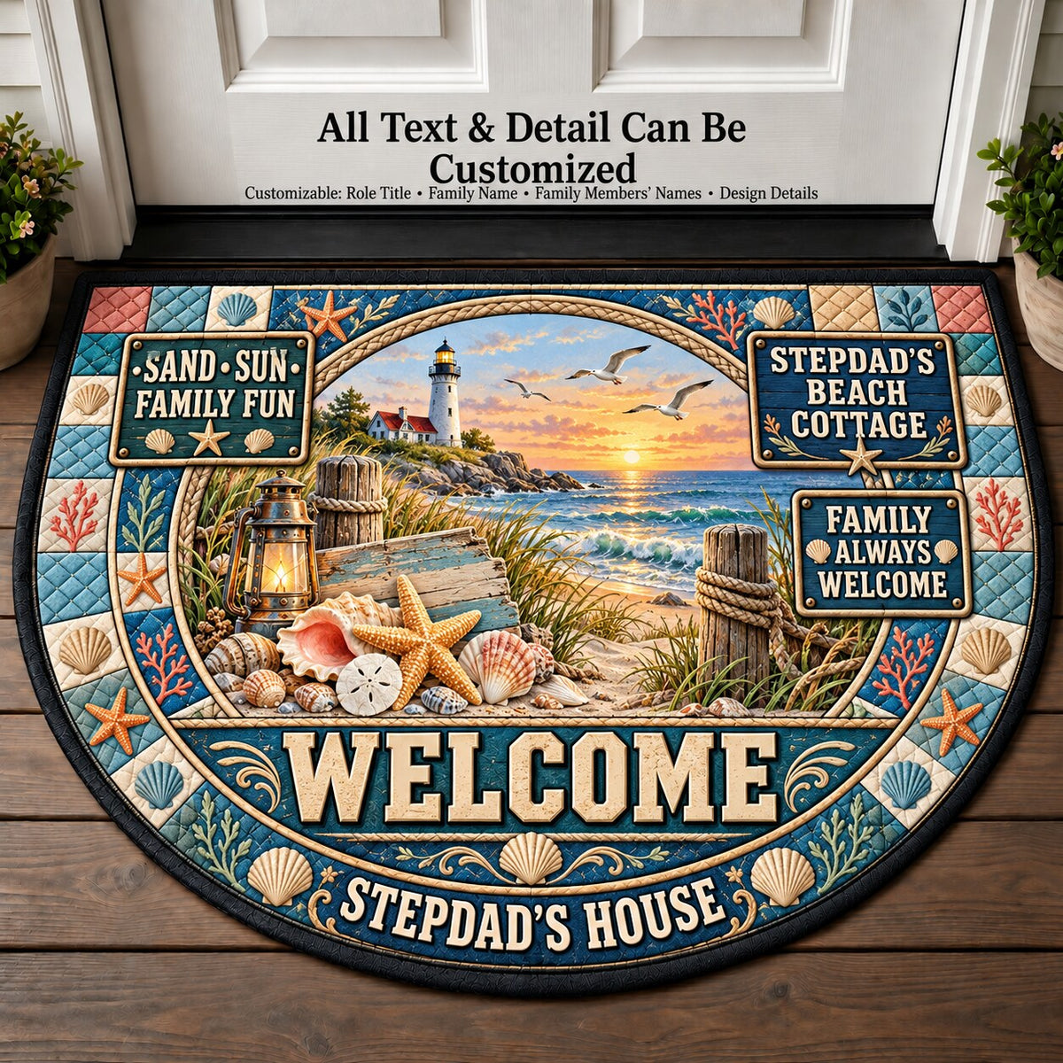 Stepdad's Beach Cottage Personalized Half Round Mat | 5To9Vibe