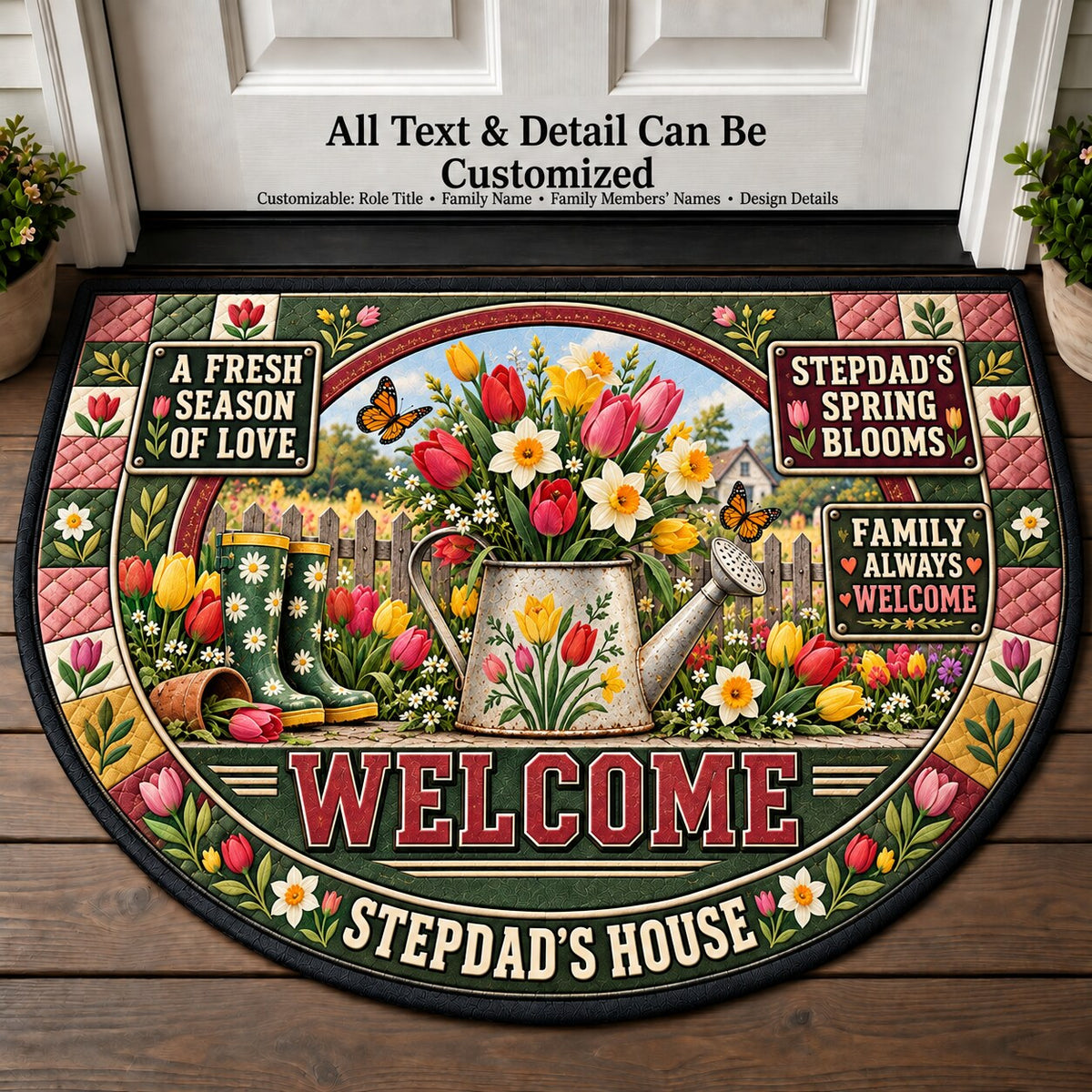 Stepdad's Spring Blooms Personalized Half Round Mat | 5To9Vibe