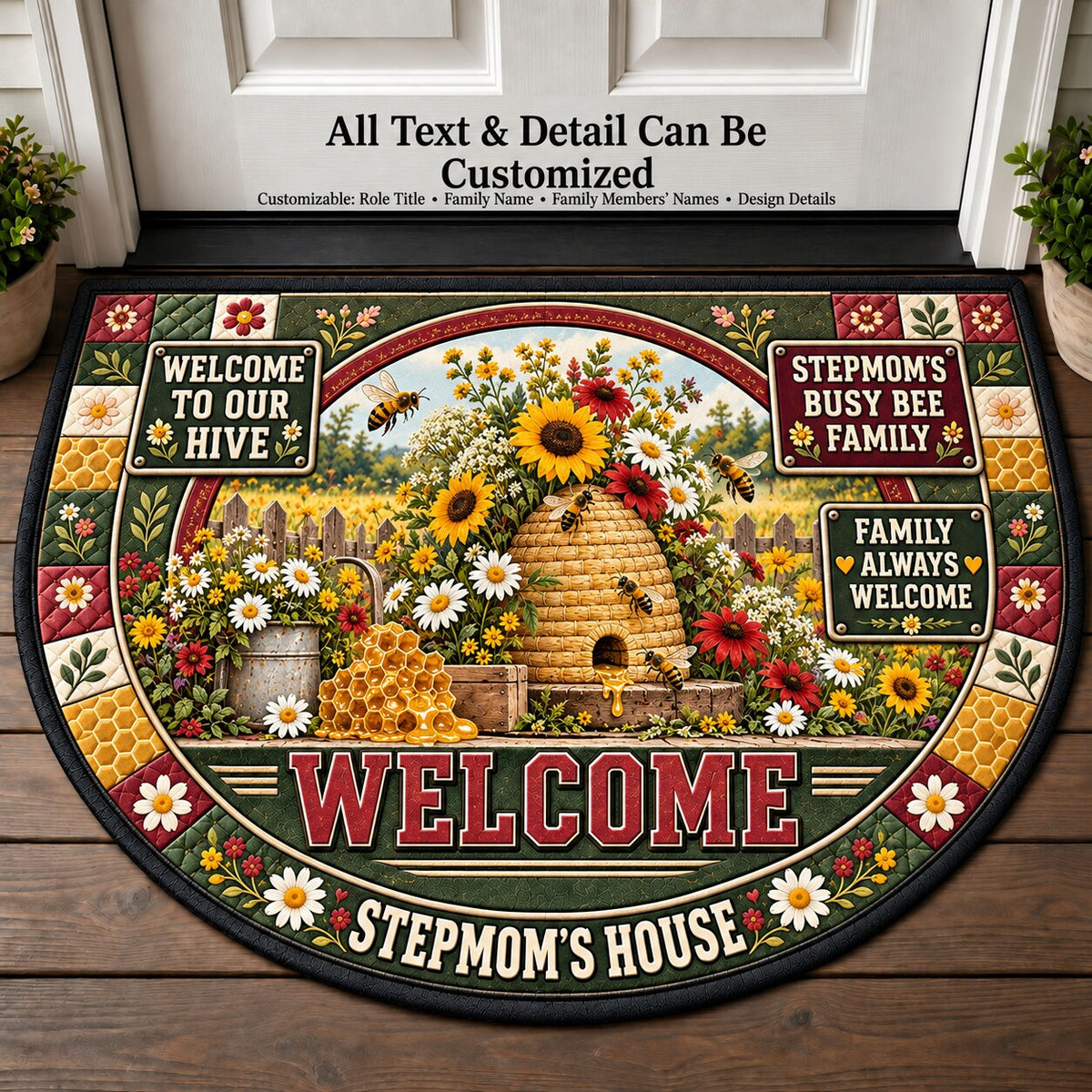 Stepmom's Busy Bee Family Personalized Half Round Mat | 5To9Vibe