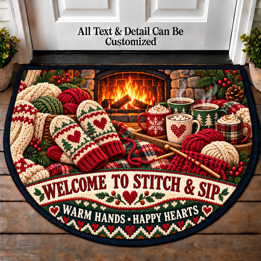 Mittens by the Fire - Stitch and Sip Club Personalized Half Round Mat | 5To9Vibe