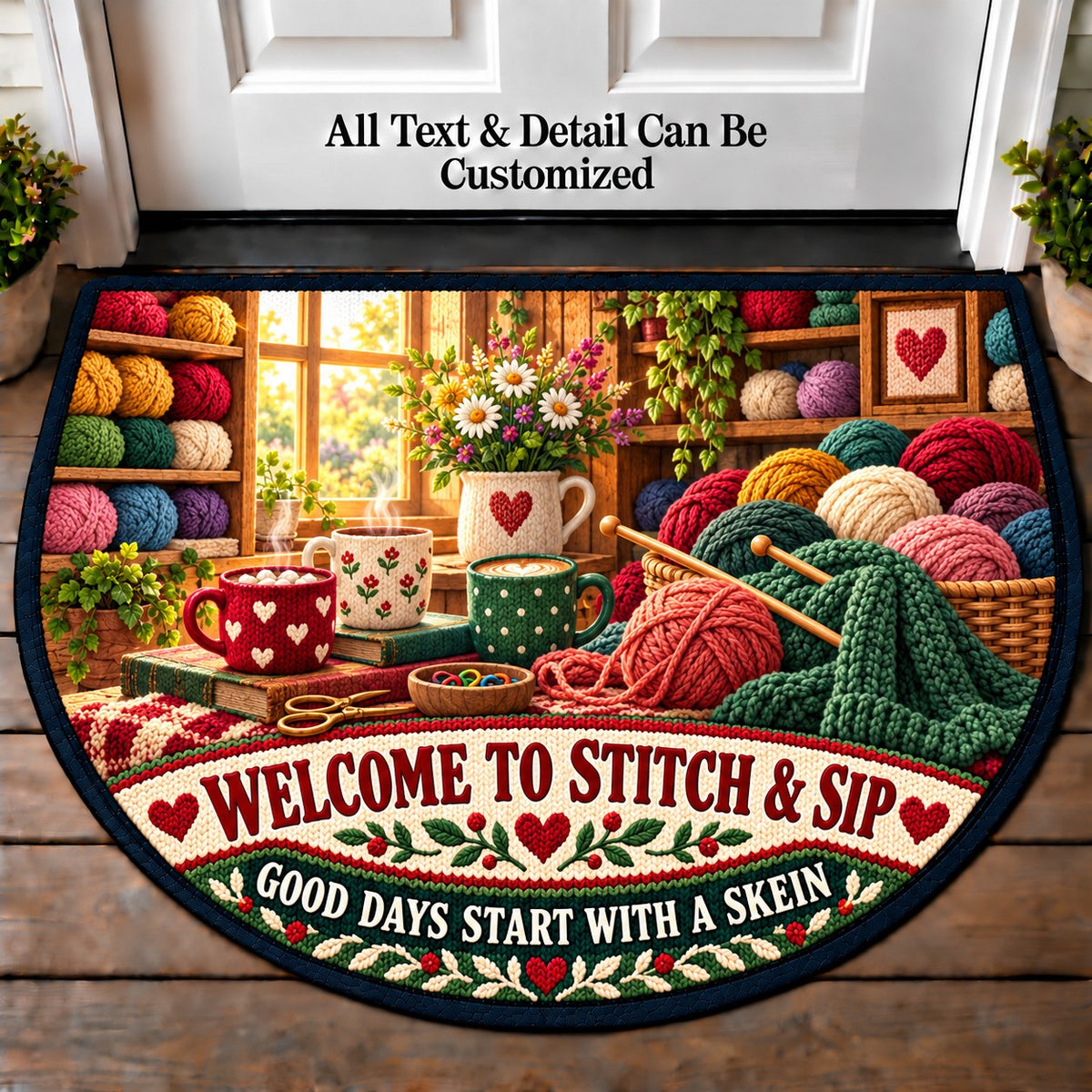 Yarn Shop Morning - Stitch and Sip Club Personalized Half Round Mat | 5To9Vibe